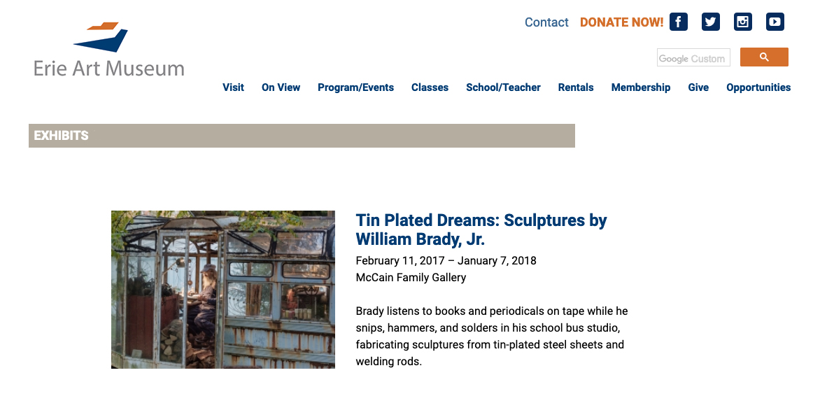 Tin Plated Dreams, Bill Brady exhibition, Erie Art Museum, 2017