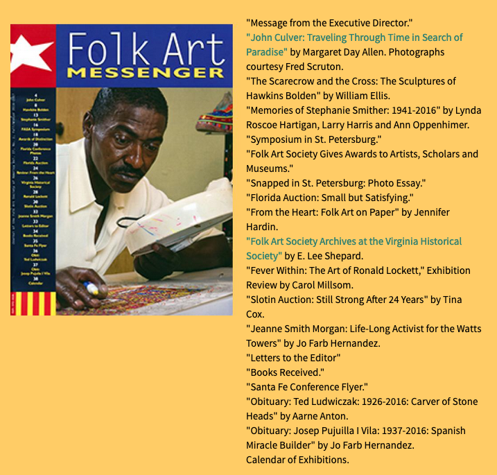 John Culver article with photography by Fred Scruton in Folk Art Messenger Magazine
